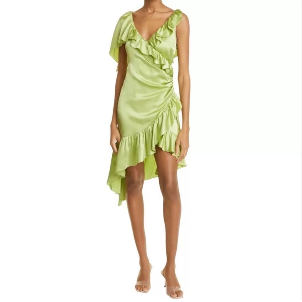Cinq a Sept Petunya Ruffle Wrap Silk Cocktail Dress Prickly Pear Green Sz 6 NWT